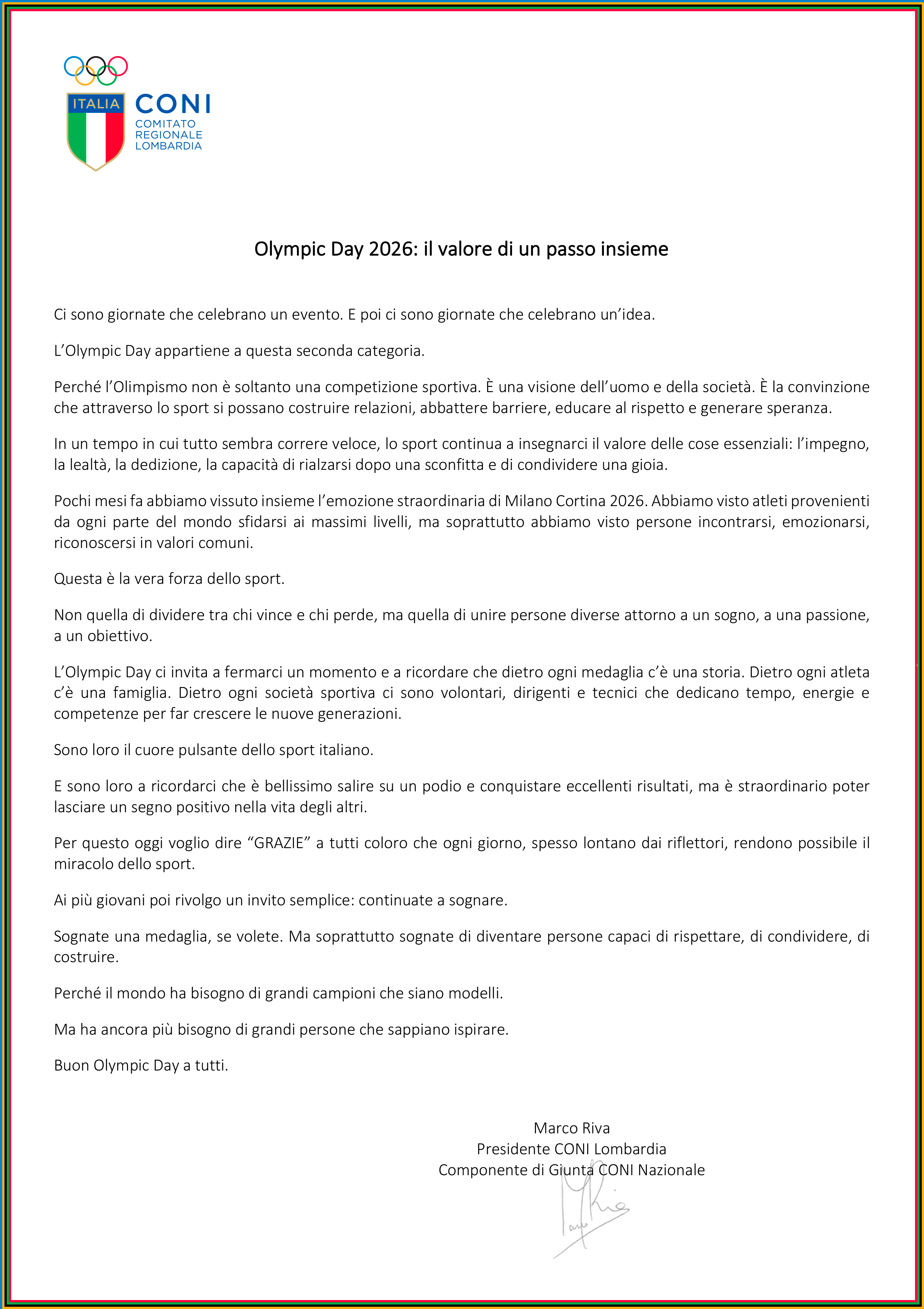 Olympic Day 2026 Messaggio presidente Riva