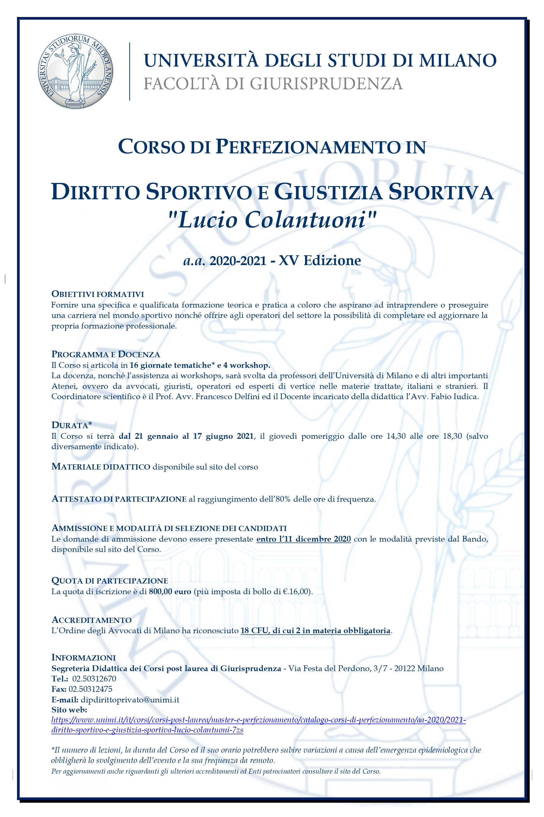Locandina Corso Diritto Sportivo e Giustizia Sportiva Lucio Colantuoni con loghi Enti patrocinatori a.a. 2020 2021 page 0001