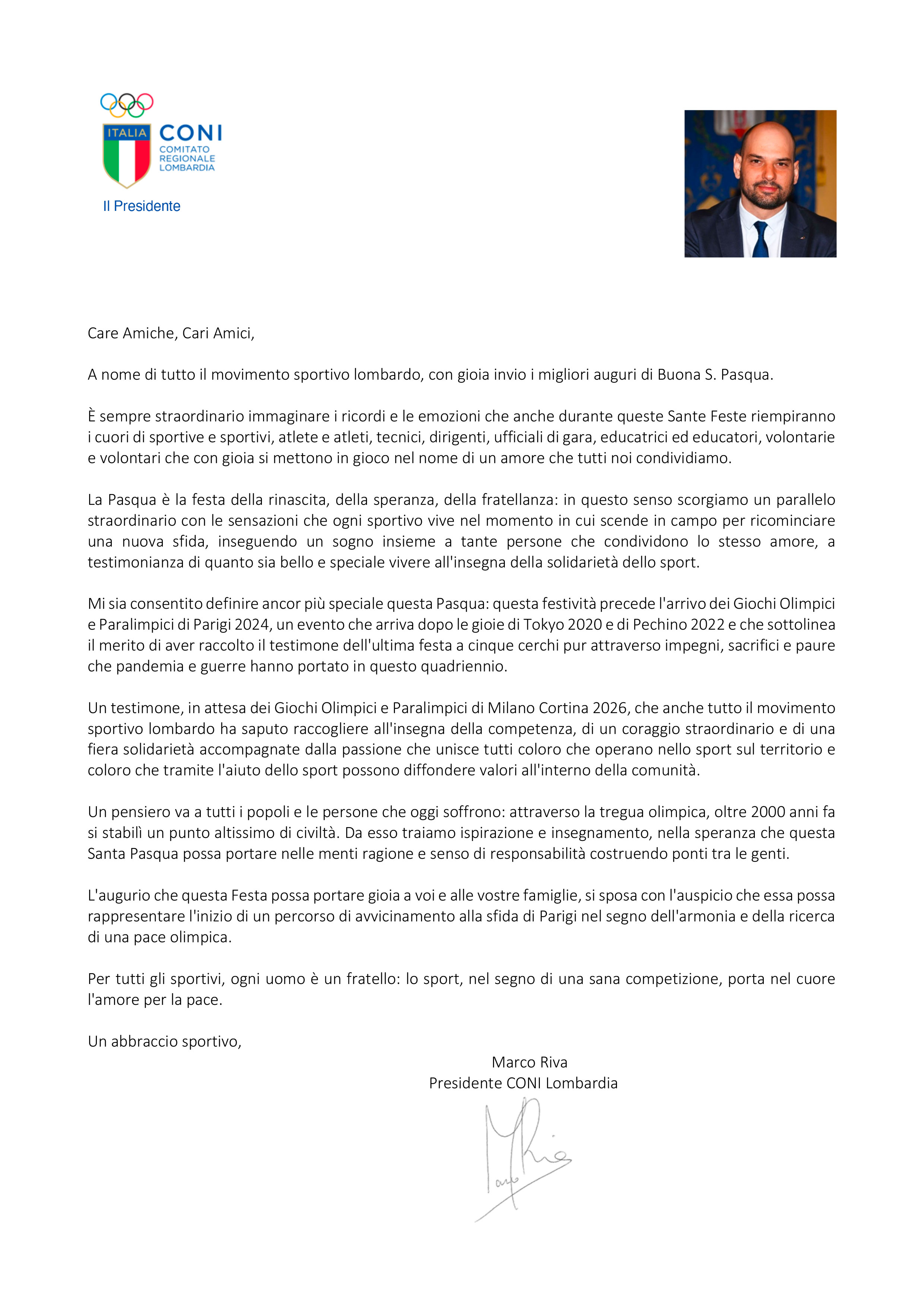 Messaggio auguri S. Pasqua 2024 Presidente Marco Riva CONI Lombardia
