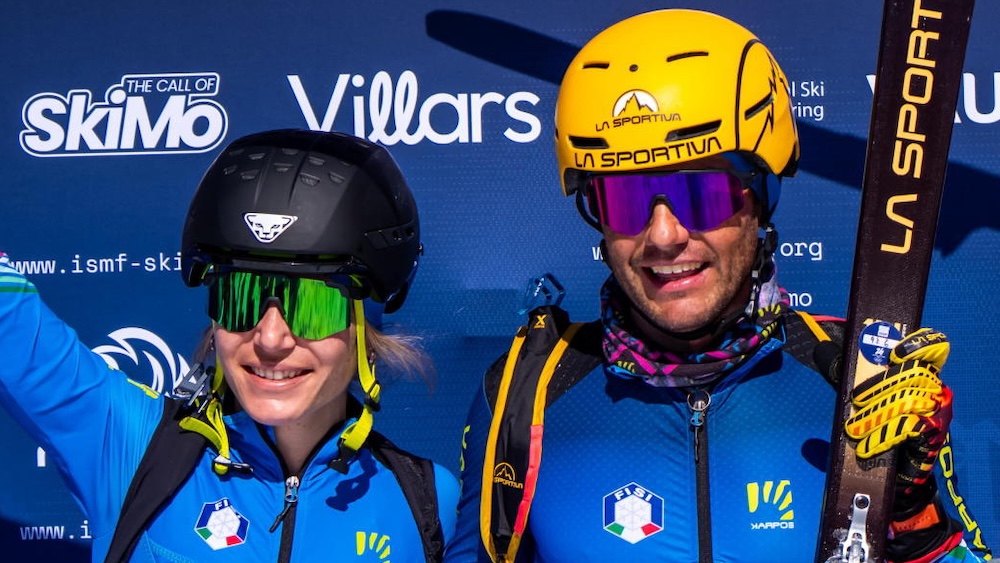 epa12870365 Alba De Silvestro of Italia and Michele Boscacci of Italia, 2nd, Ana Alonso Rodriguez of Spain and Oriol Cardona of Spain, 1st and Celia Perillat Pessey of France and Thibault Anselmet of France, 3rd, left to right, during podium ceremony of the Final of Team Relay Sprint at the ISMF Ski Mountaineering World Cup in Villars, Switzerland, 05 April 2026.  EPA/MAXIME SCHMID